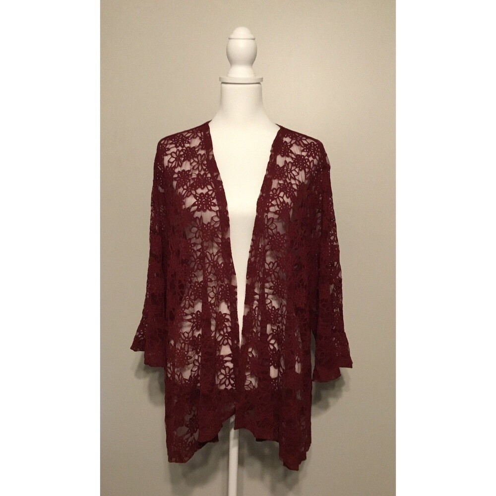 Womens Plus Size 4X Maroon Lace Cardigan Crochet Open Knit Boho Wrap Bell Sleeve